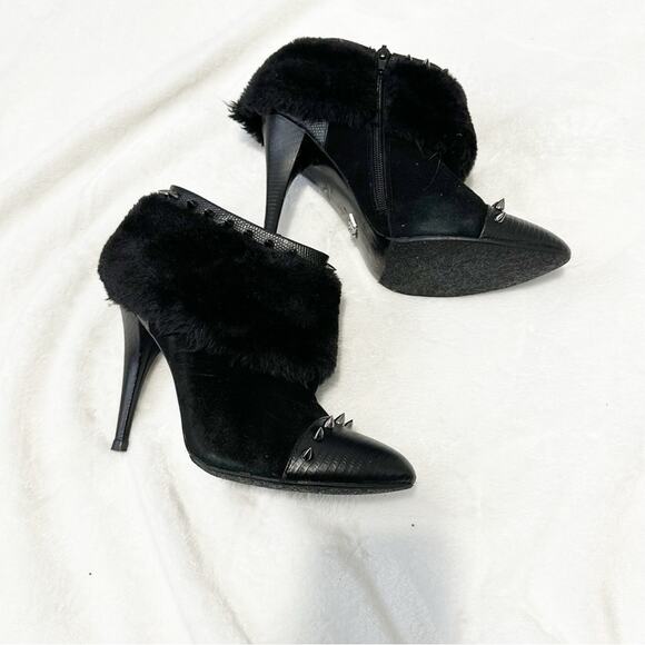 ABS Allen Schwartz Black Studded Ankle Boots fur heeled booties spiked size 8 - Picture 5 of 11